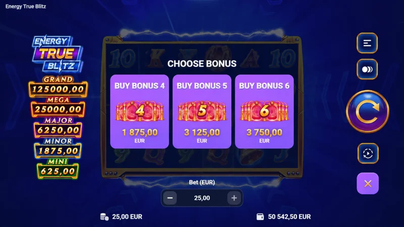 Energy True Blitz - menu de compra de bônus