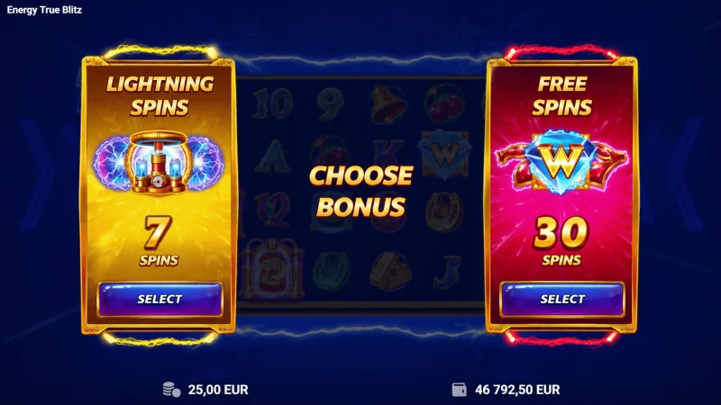 Energy True Blitz - seleção da opção Lightning Spins